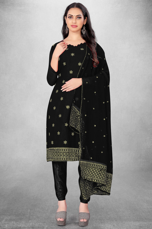 Black Georgette Embroidered Straight Cut Churidar Suit 