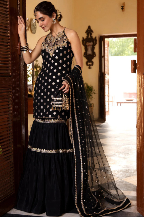 Black Georgette Embroidered Straight Cut Gharara Suit 