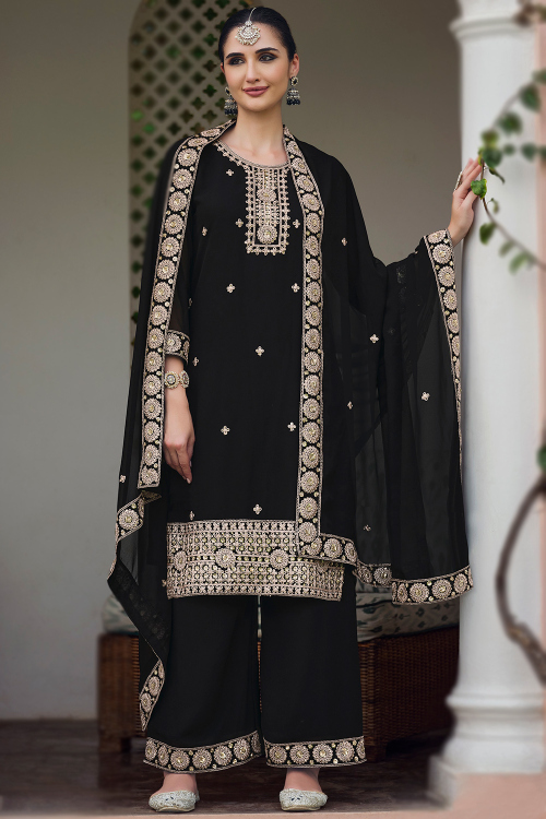 Black Georgette Palazzo Suit with Sequins & Dori Work
