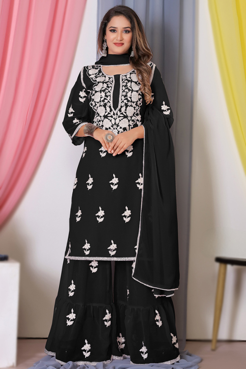 Black Georgette Sharara Suit with Resham & Lace Detailing