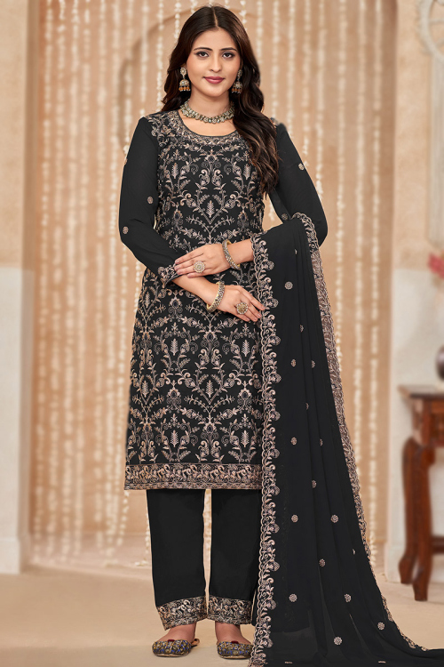 Black Georgette Trouser Suit with Zari & Resham Detailing