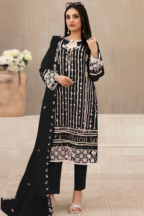 Black Georgette Trouser Suit with Cut Work & Organza Dupatta