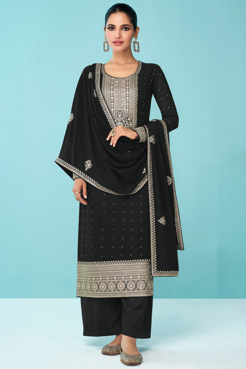 Black Georgette Embroidered Straight Pants Suit