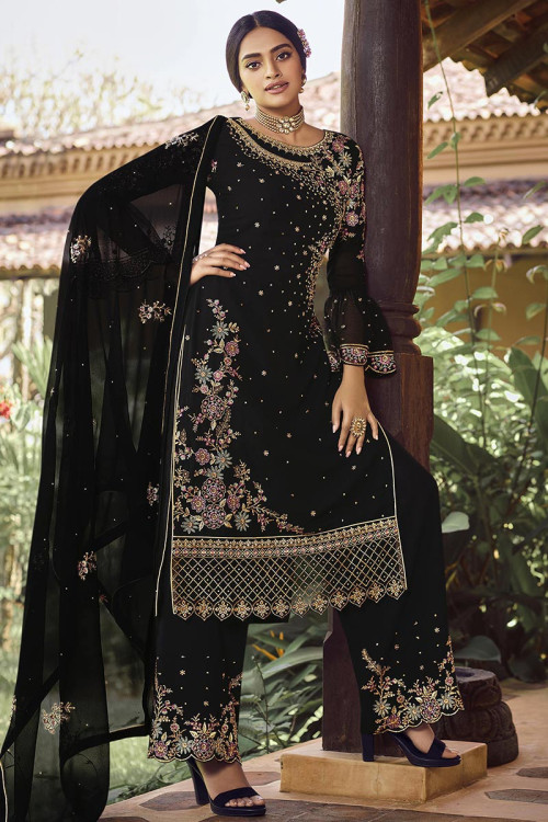 Buy Women's Black Net Semi Stitched Salwar Suit- Online. – Odette