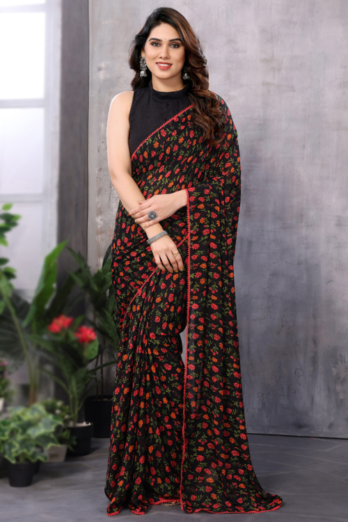 Black Georgette Floral Print Casual Wear Saree