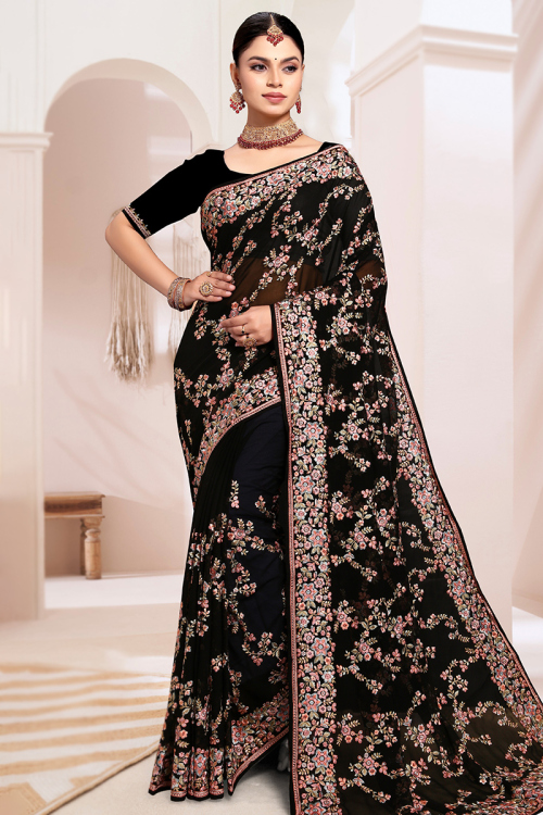 Black Georgette Heavy Embroiderd Saree