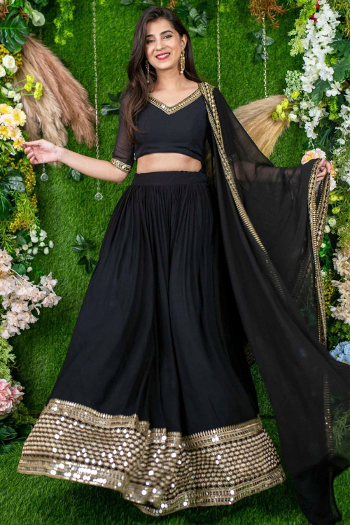 Black Georgette Lehenga With Zari Work For Diwali