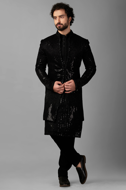 Black Georgette Men's Kurta Pajama With Embroidered Jacket