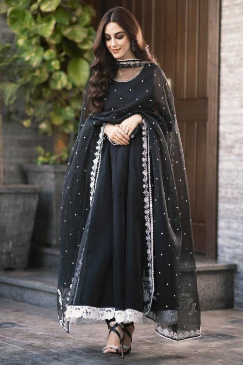 Anarkali Suit in Georgette Black with Lace Embroidery for Party 
