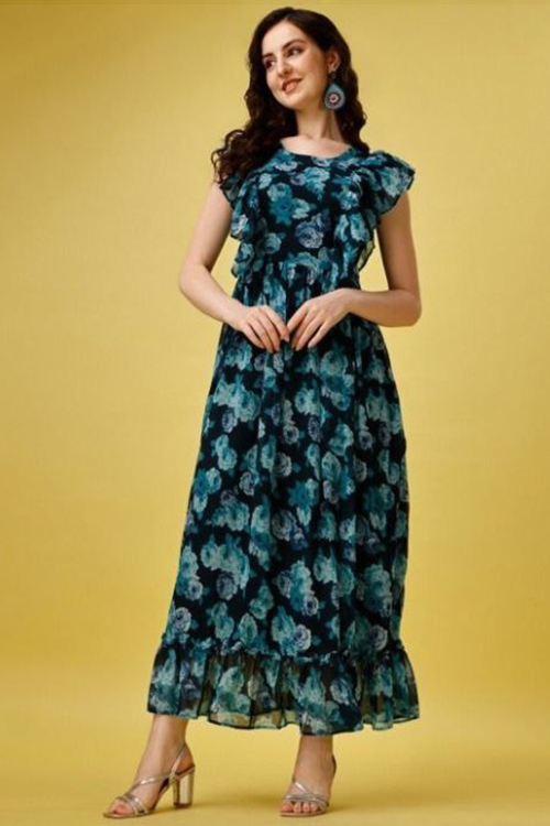 Black Georgette Ready to Wear Printed Casual Wear Gown