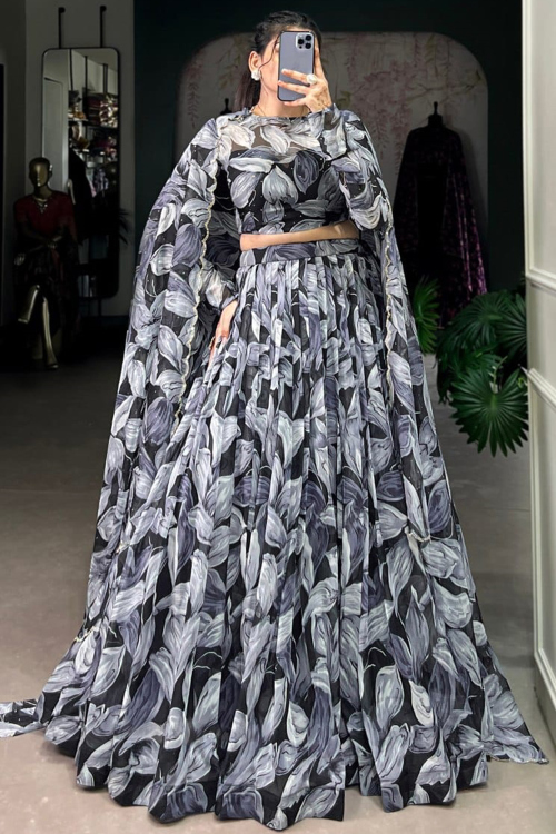 Black Georgette Printed Flared Lehenga