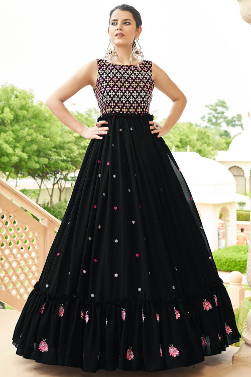 Red And Black Digital Printed Party Wear Gown | Latest Kurti Designs