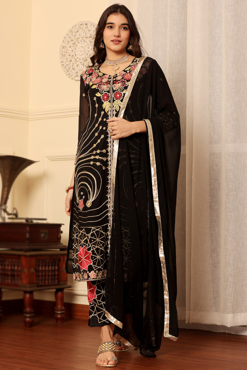 Black Georgette Resham Embroidered Straight Cut Trouser Suit 