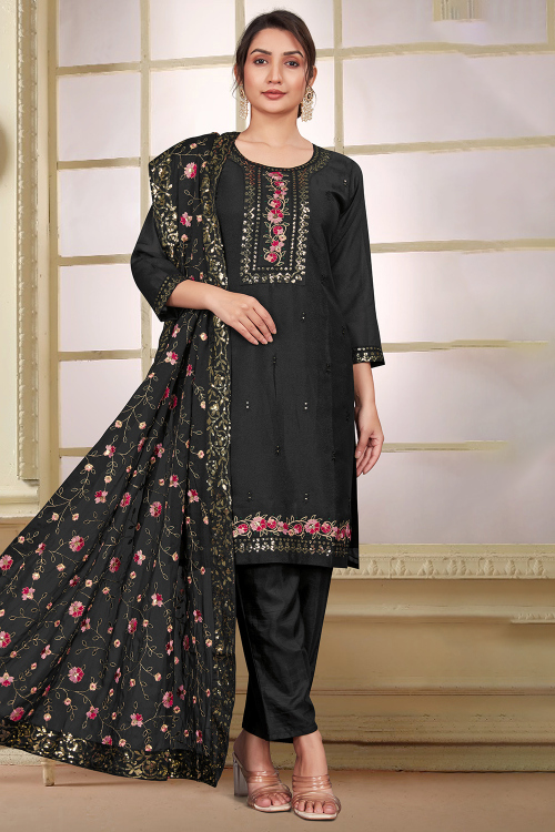 Black Georgette Resham Embroidered Ready Made Straight Cut Trouser Suit