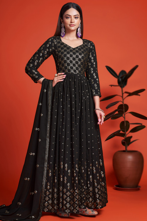 Black Georgette Resham Thread Embroidered Anarkali Suit