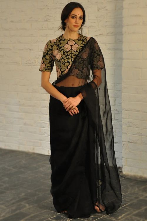 Black Georgette Resham Thread Embroidered Cocktail Saree 