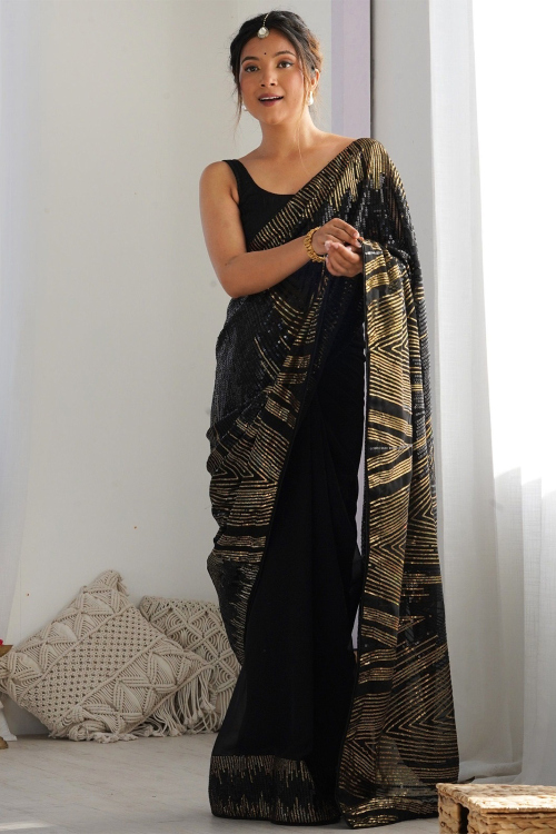 Black Georgette Saree With Sequins Work For Diwali 