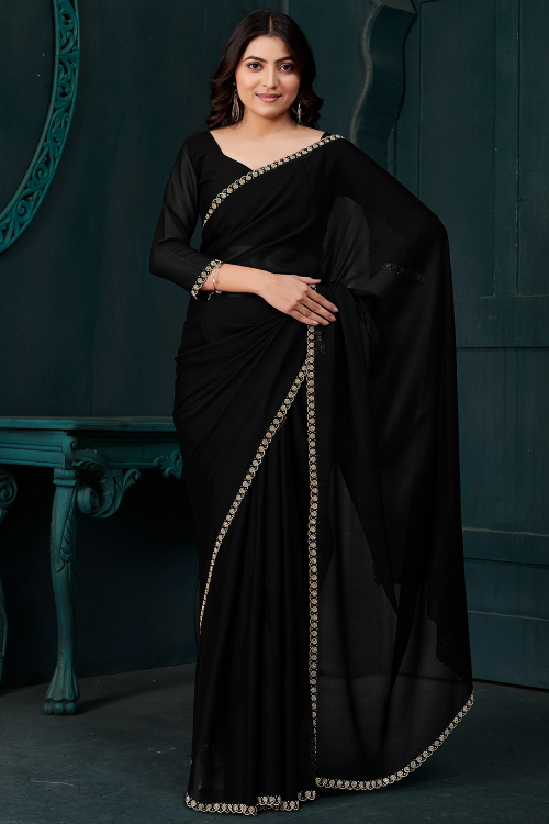 Black Georgette Saree with Stone Work for Diwali Festive Wear