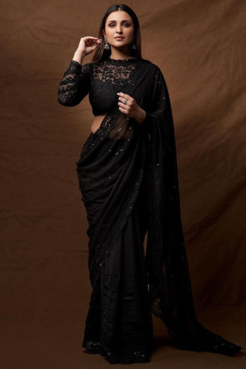 Black Georgette Sequins Embroidered Fancy Saree 