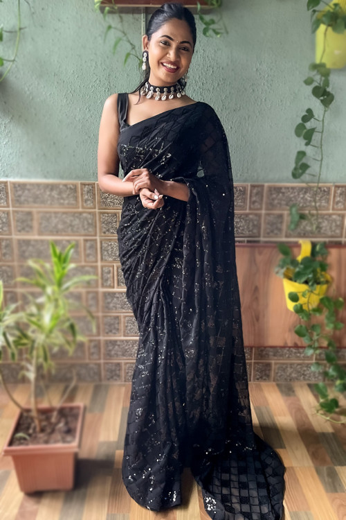 Black Georgette Sequins Embroidered Heavy Saree