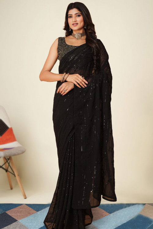 Black Georgette Sequins Embroidered Light Weight Saree 