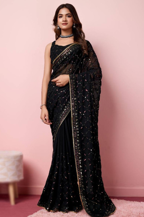 Buy Black Lace Work Sarees Online for Women in USA