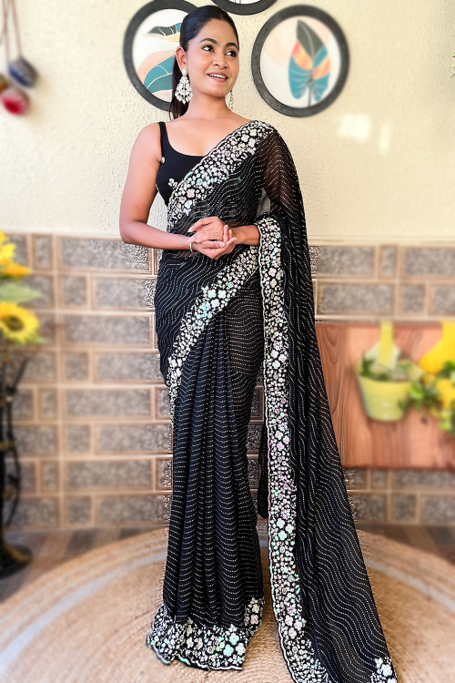 Black Georgette Saree with Muqayyash, Sequins & U-Neck Blouse