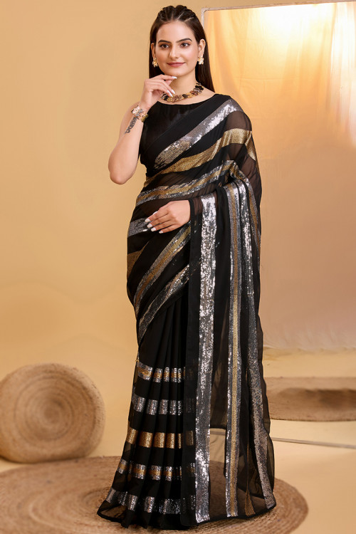 Black Georgette Sequins Embroidered Party Wear Saree 