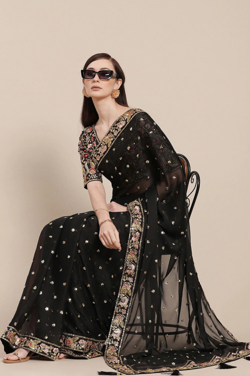 Black Georgette Sequins Embroidered Saree For Sangeet 