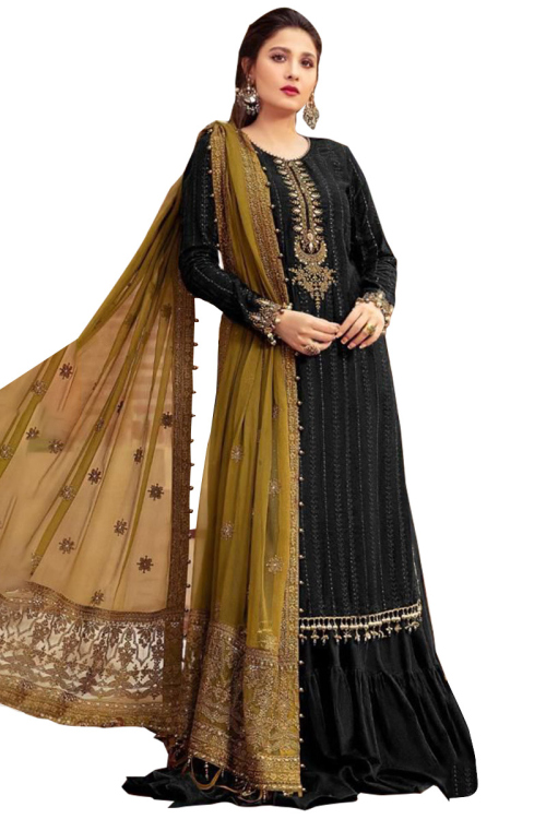 Black Georgette Straight Cut Embroidered Sharara Suit
