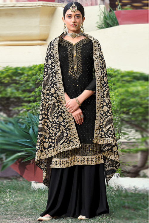 Party Wear Thread Embroidered Trouser Suit in Georgette Black
