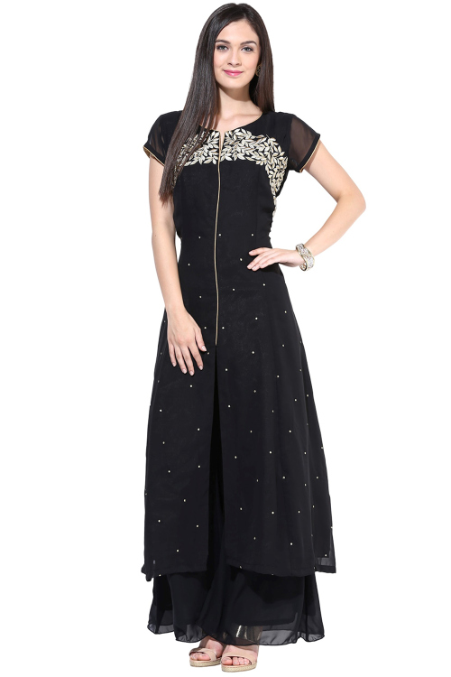 Black Georgette Ready to Wear Trouser Suit With Resham Work For Diwali