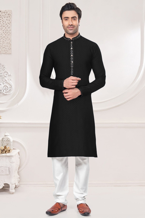 Black Jacquard Embroidered Men&#039;s Kurta With Churidar For Eid