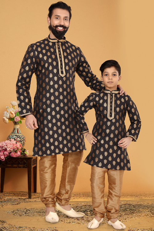 Black Jacquard Father Son Duo Kurta With Churidar