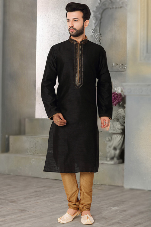 Black Jacquard Men Kurta With Churidar
