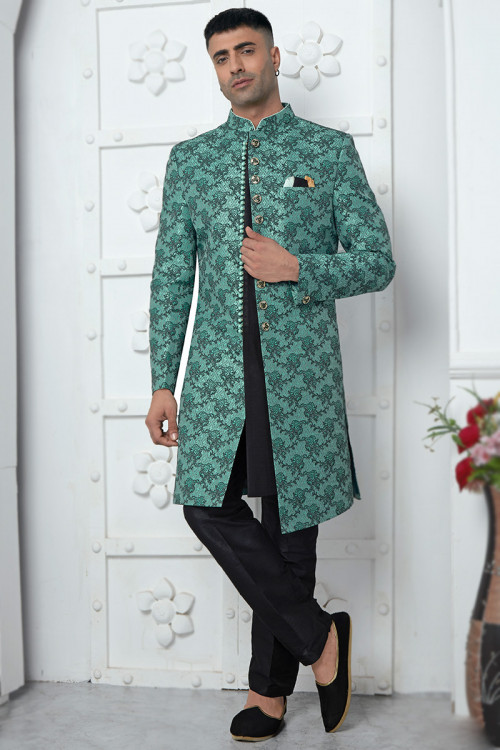 Black Jacquard Weaved Jacket Style Men's Sherwani