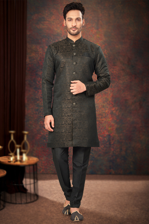 Black Jacquard Sherwani for Men with Zari Weave & Silk Bottom