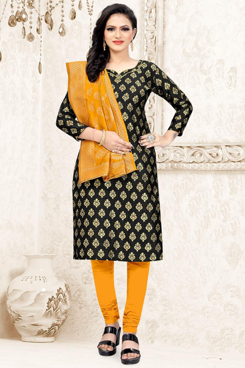 Zari Work Black Churidar Suit in Jacquard for Party 