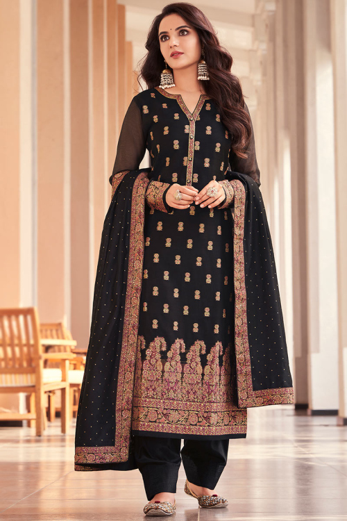 Black Jacquard Woven Zari Salwar Suit