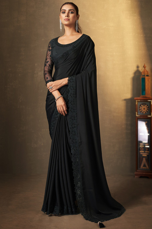 Black Lace Embroidered Satin Light Weight Saree 