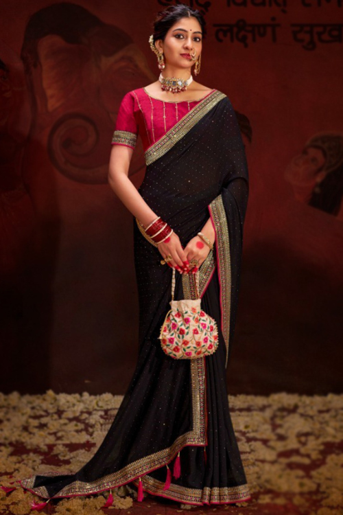 Black Lace Embroidered Silk Light Weight Saree