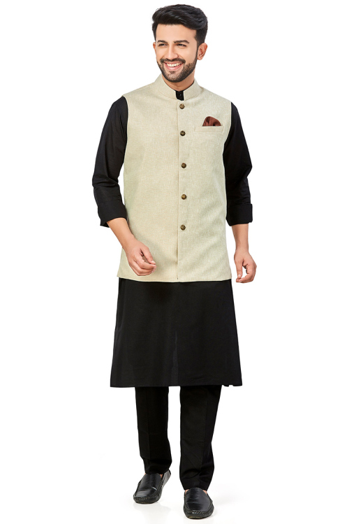 Black Linen Plain Men Kurta Pajama