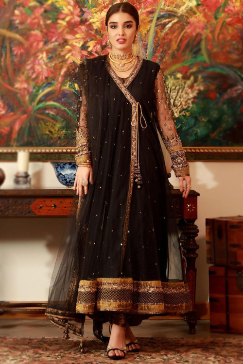 Black Net Angrakha Style Embroidered Anarkali Suit