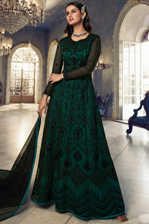 Anarkali Suit in Black Net for Sangeet with Thread embroidery