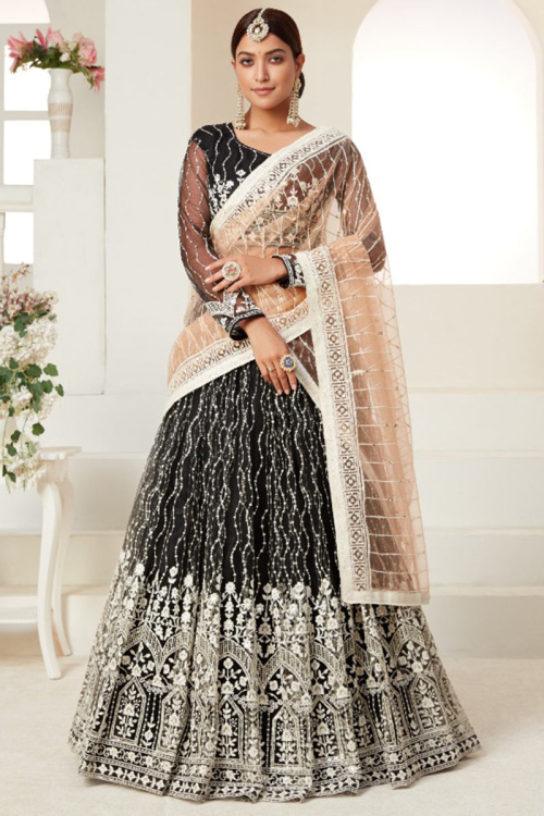 Black Net Embroidered Indian Party Wear Lehenga