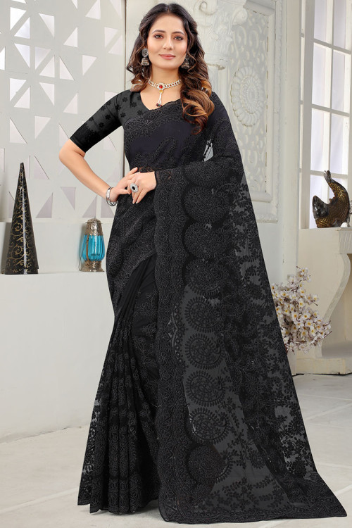 Black Net Embroidered Indian Saree
