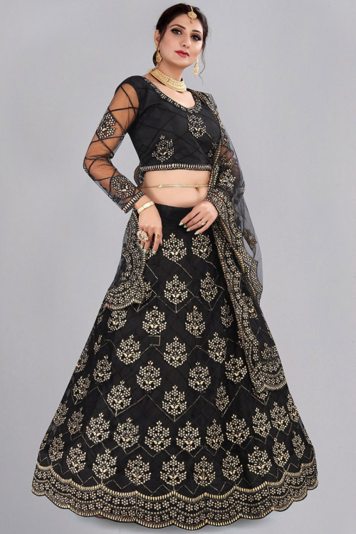 Net Lehenga in Black colour with Thread Embroidery for Party 