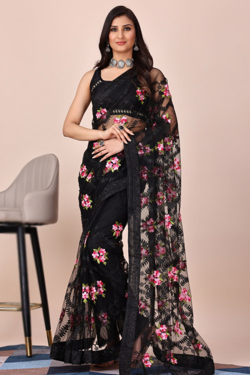 Net Light Weight Embroidered Black Saree