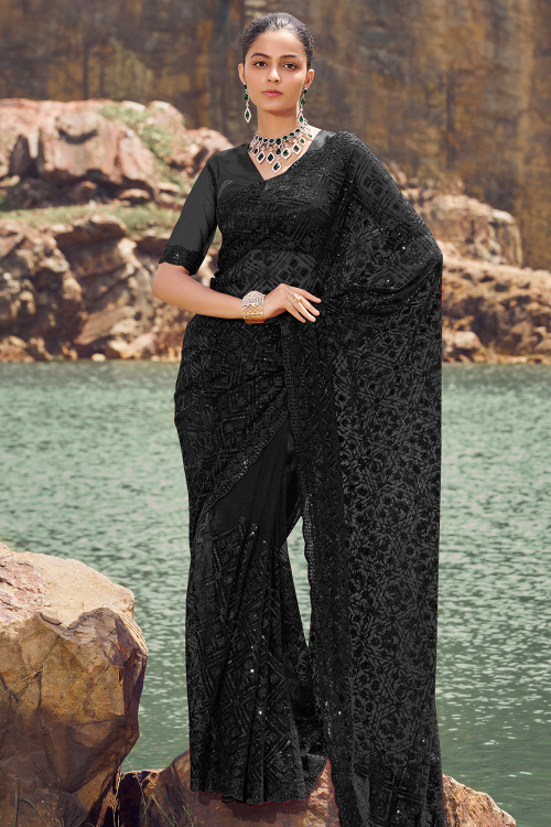 Black Net Saree with Resham & Sequins Embroidery