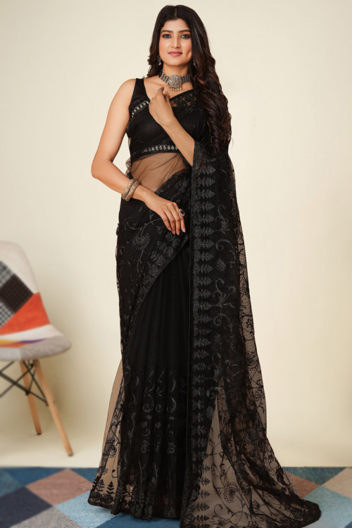 Black Net Embroidered Lightweight Saree For Sangeet 